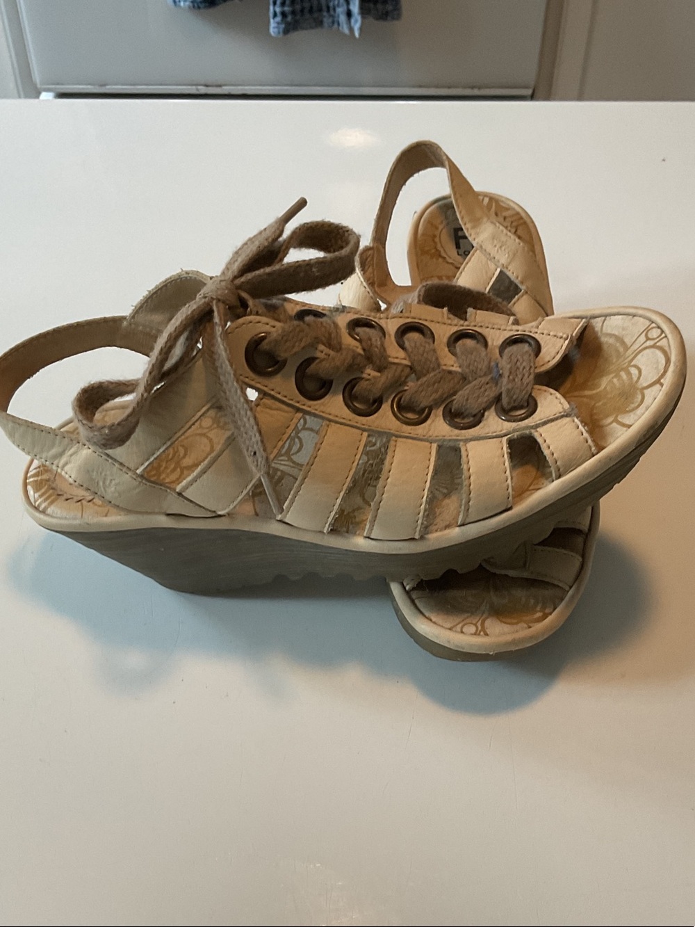 Fly London Beige Lace-Up Wedge Sandals